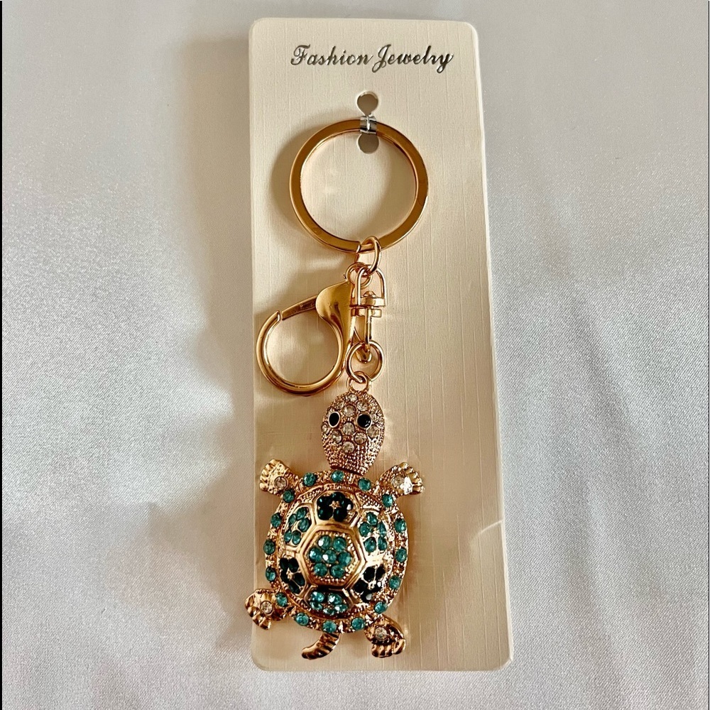 Turtle Key Chain Or bag Charm Teal/Blue Crystal Rhinestone Gold Tone Hardware